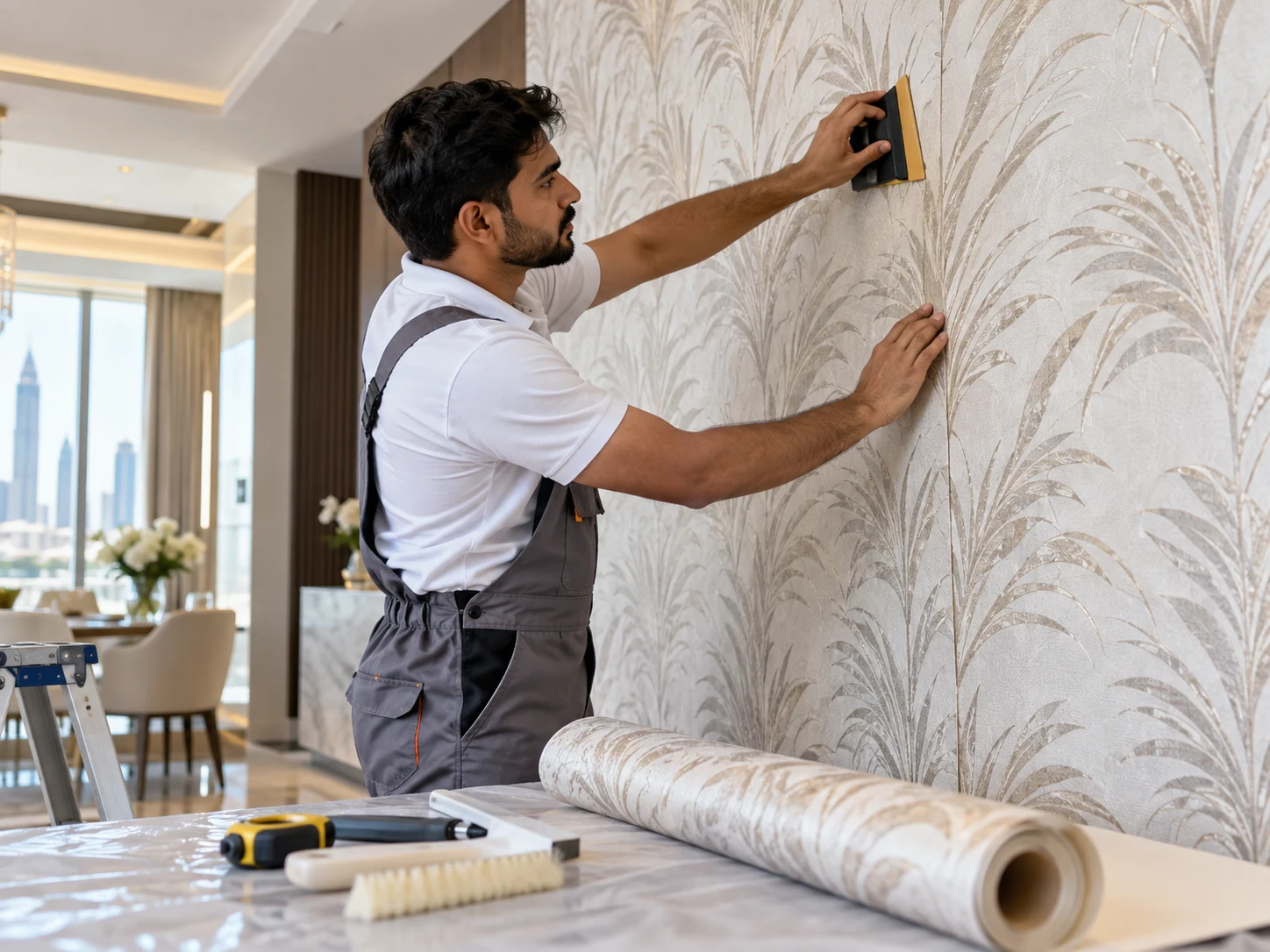 Wallpaper fixing works — relevant technical service photograph